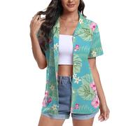 DEARCASE Camisas Hawaianas para Mujer de Manga Corta con Cuello en V Estampado Floral Trópico Suave Camiseta de Playa de Verano, Small Pink Flower Blue