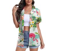 DEARCASE Camisas Hawaianas para Mujer de Manga Corta con Cuello en V Estampado Floral Trópico Suave Camiseta de Playa de Verano, 2X-Large Bird Green Leaf