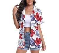 DEARCASE Camisas Hawaianas para Mujer de Manga Corta con Cuello en V Estampado Floral Trópico Suave Camiseta de Playa de Verano, Small Red Flower White