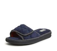 Dearfoams Men's Indoor/Outdoor Adjustable Machine Washable Memory Foam Terry Slide Slipper, Navy (Marled Knit), 13-14