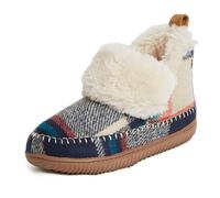 Dearfoams Moritz Pantuflas peludas tipo botín para interiores y exteriores para mujer, Azul marino a cuadros, 5-6