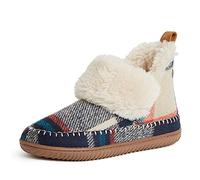 Dearfoams Moritz Pantuflas peludas tipo botín para interiores y exteriores para mujer, Azul marino a cuadros, 7-8