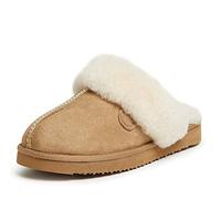 Dearfoams Women's Fireside Sydney Shearling Fur Indoor/Outdoor Scuff Slipper with Wide Widths, Sand, 9