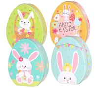 DEARMAMY Cajas de Dulces para Regalos de Fiesta de Pascua, Set de 4 Cajas de Hojalata Diseño de Huevo y Conejo, Colores Brillantes, Tamaño Mediano, Contenedores Decorativos para Guardar