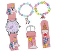 DEARMAMY Conjunto de Reloj de Pulsera Unicornio y Pulsera para Niñas Correa de Silicona Arcoíris Movimiento de Cuarzo Preciso Cuentas de Corazón y Perla Obsequio Cumpleaños
