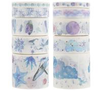 DEARMAMY Juego de 8 Cintas Adhesivas Washi de Colores, Decorativas y Reposicionables, Papel Washi Superior, para Manualidades, Álbumes y Organización Diaria (océanos de Estrellas)