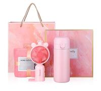 DEARMAMY Regalo Cuidado Mujer con Taza Termo Portátil Toalla Facial y Ventilador Manual Paquete Práctico para Cumpleaños y Aperturas Diseño Elegante Caja con Bolsa