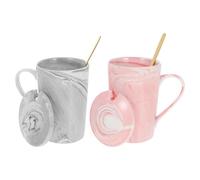 DEARMAMY Tazas de Café de Cerámica Diseño de Mármol 2 Piezas Juego de Tazas Tapa y Cuchara Colores Rosa y Gris para Té y Café en Hogar U Oficina Vajilla Elegante y Funcional