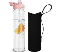 DEARRAY 1 litro Botella Agua Cristal con Pajita, 1l a Prueba de Fugas Botella Gimnasio Vidrio Borosilicato Deportiva con Funda de Neopreno