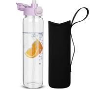 DEARRAY 1 litro Botella Agua Cristal con Pajita, 1l a Prueba de Fugas Botella Gimnasio Vidrio Borosilicato Deportiva con Funda de Neopreno