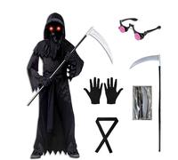 Death Note Costume, Halloween Grim Reaper Costume Set with Glowing Red Eyes, Scythe, Skeleton Gloves Clothing Belts (L)