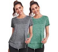 Deaviya Camiseta deportiva para mujer, camiseta de manga corta para mujer, camiseta de entrenamiento, cuello redondo, atlética, informal, correr, yoga, fitness, camisetas holgadas, 2 unidades, Gris+