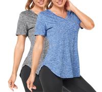 Deaviya Camiseta deportiva para mujer, camiseta deportiva de fitness, manga corta, cuello en V, camiseta de correr para mujer, entrenamiento, gimnasio, yoga, mujer, Gris + azul., XXL
