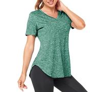 Deaviya Camiseta deportiva para mujer, camiseta deportiva de fitness, manga corta, cuello en V, camiseta de correr para mujer, entrenamiento, gimnasio, yoga, mujer, verde, XL
