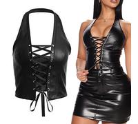 Débardeur Femme Corset Bra Bustier PU Cuir Extensible Haut Taille Top Gilet Maillot De Corps Sexy Veste Disco Soirée Cocktail Clubwear