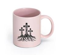 DEBINGY cerámica Taza de Cerámica para Café, Té y Cacao tres cruces cristianas con raíces de árboles （11oz/320ml） Para Té, Café, Leche, Capuchino Rosa