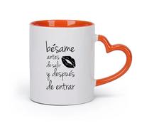 DEBINGY cerámica Taza de Cerámica para Hogar y Oficina Beso español antes de salir y después de entrar （11oz/320ml） Bebidas calientes, espresso Naranja