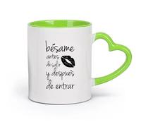 DEBINGY cerámica Taza de Cerámica para Hogar y Oficina Beso español antes de salir y después de entrar （11oz/320ml） Bebidas calientes, espresso Verde