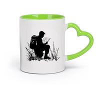 DEBINGY cerámica Taza de té Silueta de un excursionista agachado en la hierba alta estudiando un mapa （11oz/320ml） Para café, avena, té, fácil de limpiar Verde