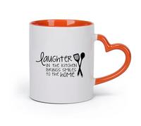 DEBINGY cerámica Tazas blancas La risa en la cocina trae sonrisas. Cita de cocina. Cuchara de dibujos animados linda. （11oz/320ml） Para el hogar o el trabajo Naranja