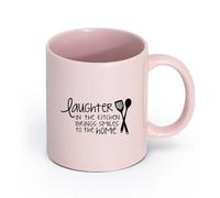 DEBINGY cerámica Tazas blancas La risa en la cocina trae sonrisas. Cita de cocina. Cuchara de dibujos animados linda. （11oz/320ml） Para el hogar o el trabajo Rosa