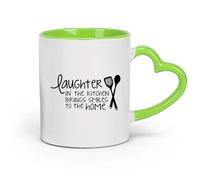 DEBINGY cerámica Tazas blancas La risa en la cocina trae sonrisas. Cita de cocina. Cuchara de dibujos animados linda. （11oz/320ml） Para el hogar o el trabajo Verde