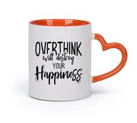 DEBINGY cerámica Tazas blancas Pensar demasiado puede arruinar tu felicidad: citas motivacionales inspiradoras （11oz/320ml） Gran regalo para parejas Naranja