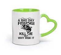DEBINGY cerámica Tazas blancas Un mal día de pesca me mata, pero ¿por qué arriesgarme? Tipografía gráfica de pesca. （11oz/320ml） Para cafetería o regalo Verde