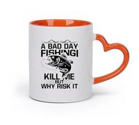DEBINGY cerámica Tazas blancas Un mal día de pesca me mata, pero ¿por qué arriesgarme? Tipografía gráfica de pesca. （11oz/320ml） Para cafetería o regalo Naranja