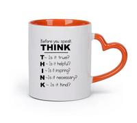 DEBINGY cerámica Tazas de café de cerámica blanca Piensa antes de hablar Motivación estudiantil （11oz/320ml） Tazas de cerámica para el hogar o el trabajo Naranja