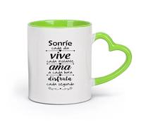 DEBINGY cerámica Tazas de café de porcelana Citas inspiradoras en español: Sonríe cada día y vive el presente （11oz/320ml） Apto para microondas Verde