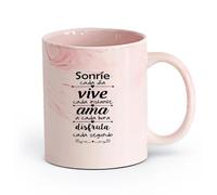 DEBINGY cerámica Tazas de café de porcelana Citas inspiradoras en español: Sonríe cada día y vive el presente （11oz/320ml） Apto para microondas Rosa mármol