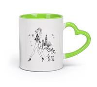 DEBINGY cerámica Tazas de café de porcelana Una chica en Londres pasea a su perro mientras toma café. （11oz/320ml） Bebidas calientes, espresso Verde