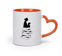 DEBINGY cerámica Tazas de Café y Té Niña de la biblioteca leyendo sentada sobre libros educación escolar （11oz/320ml） Para leche, té, cola y agua Naranja