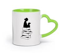 DEBINGY cerámica Tazas de Café y Té Niña de la biblioteca leyendo sentada sobre libros educación escolar （11oz/320ml） Para leche, té, cola y agua Verde