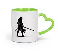 DEBINGY cerámica Tazas de Café y Té Silueta de elfo o elfos, raza mítica del juego, guerrero que solo sostiene una espada. （11oz/320ml） Para el hogar o el trabajo Verde