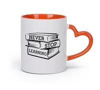 DEBINGY cerámica Tazas de porcelana Biblioteca Librería Nunca dejes de aprender Citas Libros de aprendizaje （11oz/320ml） Apto para microondas Naranja