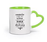 DEBINGY cerámica Tazas para Hogar y Oficina Citas inspiradoras en español: Sonríe cada día y vive el presente （11oz/320ml） Para el hogar o el trabajo Verde