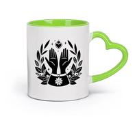 DEBINGY cerámica Tazas Resistentes Diseño gráfico de dos manos unidas que sostienen una imagen estilizada de un templo hindú. （11oz/320ml） Restaurante, oficina Verde