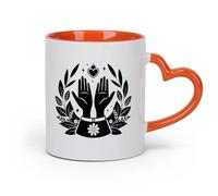 DEBINGY cerámica Tazas Resistentes Diseño gráfico de dos manos unidas que sostienen una imagen estilizada de un templo hindú. （11oz/320ml） Restaurante, oficina Naranja