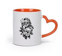 DEBINGY cerámica Tazas Resistentes Estudio de tatuajes del Día de los Muertos con calaveras de azúcar y flores para chicas （11oz/320ml） Para el hogar y la oficina Naranja