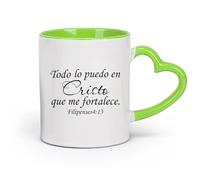 DEBINGY cerámica Tazas Resistentes Filipenses 4:13 Todo Lo Puedo En Cristo Que Me Fortalece Versículo Bíblico en Español Señor Jesús Biblia （11oz/320ml） Restaurante, oficina Verde