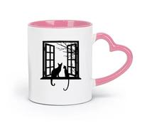 DEBINGY ceramics Ceramic Mug Gift Box Latte Mug with Handle Black Cat Looking At The Child （11oz/320ml） Nice Xmas Gift Pink
