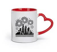 DEBINGY ceramics Ceramic Mug Gift Box Latte Mug with Handle city skyline with fireworks （11oz/320ml） for Tea Coffee Hot Brew Red