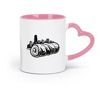 DEBINGY Taza de café de cerámica con un horizonte de ciudad que se asoma detrás de un gran rollo de tatuajes flash (11 oz/320 ml) Restaurante, Oficina Rosa