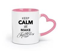 DEBINGY Taza de café elegante de cerámica con frase Keep Calm And Carry On Tattoo y logotipo de estudio de tatuajes (320 ml) para oficina y hogar, color rosa