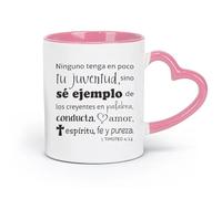 DEBINGY Taza de cerámica 1 Timoteo 4:12 Que nadie se quede sin tu juventud Versículo bíblico en español Corazón Cruz （11oz/320ml） para el hogar o el trabajo Rosa