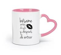 DEBINGY Taza de cerámica Beso español antes de salir y después de entrar (320 ml) Ideal para cocinas, restaurantes y cafeterías, gran idea de regalo rosa