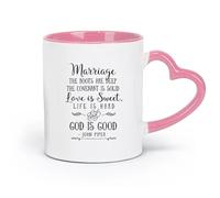 DEBINGY Taza de cerámica con frases cristianas sobre el matrimonio: El matrimonio tiene una base sólida, El amor es dulce, versículos bíblicos (320 ml) y apta para microondas, color rosa