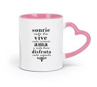 DEBINGY Taza de cerámica con frases inspiradoras en español: Sonríe cada día y vive el presente (320 ml) para el hogar o el trabajo, color rosa